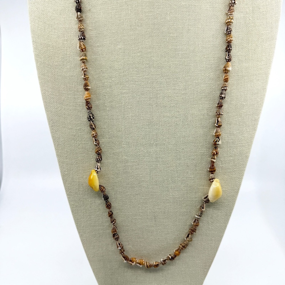 Natural Spiral Seashell Cowrie Long Necklace Yellow Coastal Boho Statement Gift